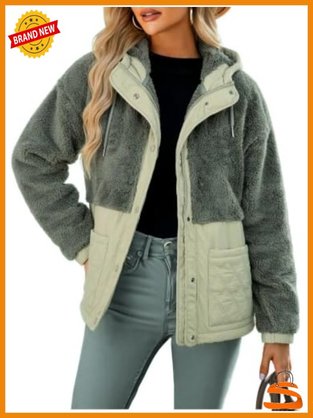 Sherpa Fleece Jacket Quilted Hooded Snap Zip Front Women's Coat